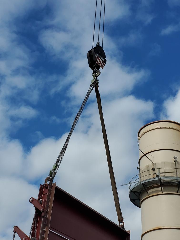 Riggs Distler using LGH rigging to install a damper at a New Jersey power plant.
